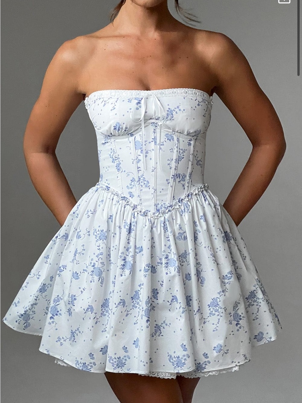 Babyboo Maeve Mini Dress Strapless Dress with white and blue Floral Ditsy Print